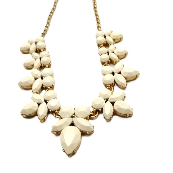 J. Crew Ivory Color Floral Statement Necklace Gold Tone Chain - Picture 2 of 12